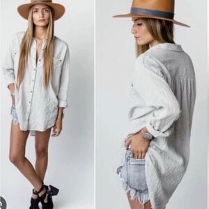 Free People 'Love Her Madly' Puckered Check Button Down Oversized Ivory Beige M